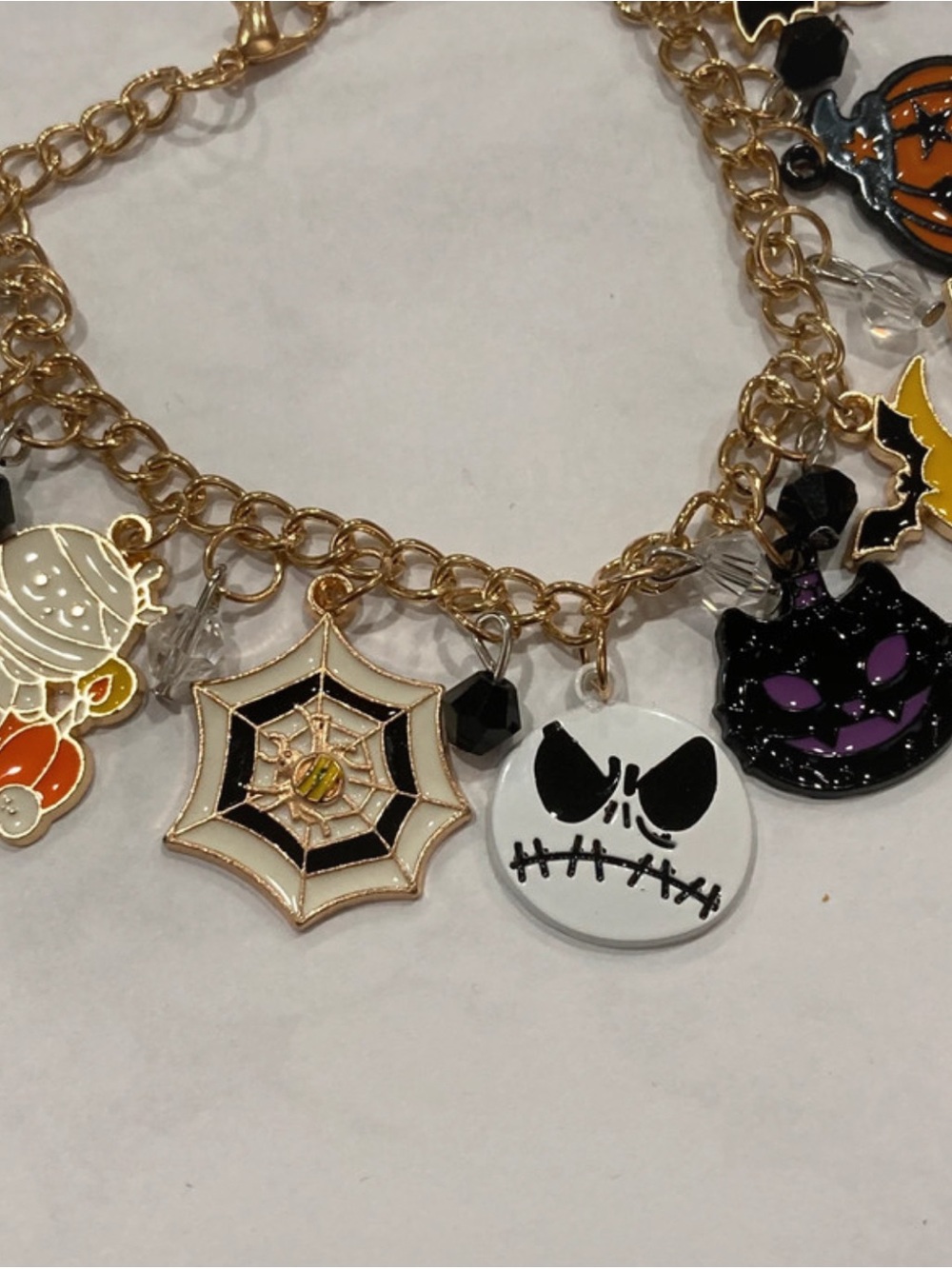 Halloween Pumpkin Ghost Bat Witch Skeleton Gold Tone Charm Bracelet - Picture 5 of 6